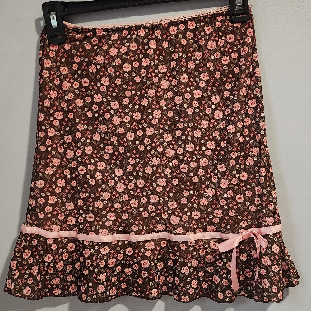 Cherokee Brown Floral Mini Skirt with Pink Trim Vtg Y2K